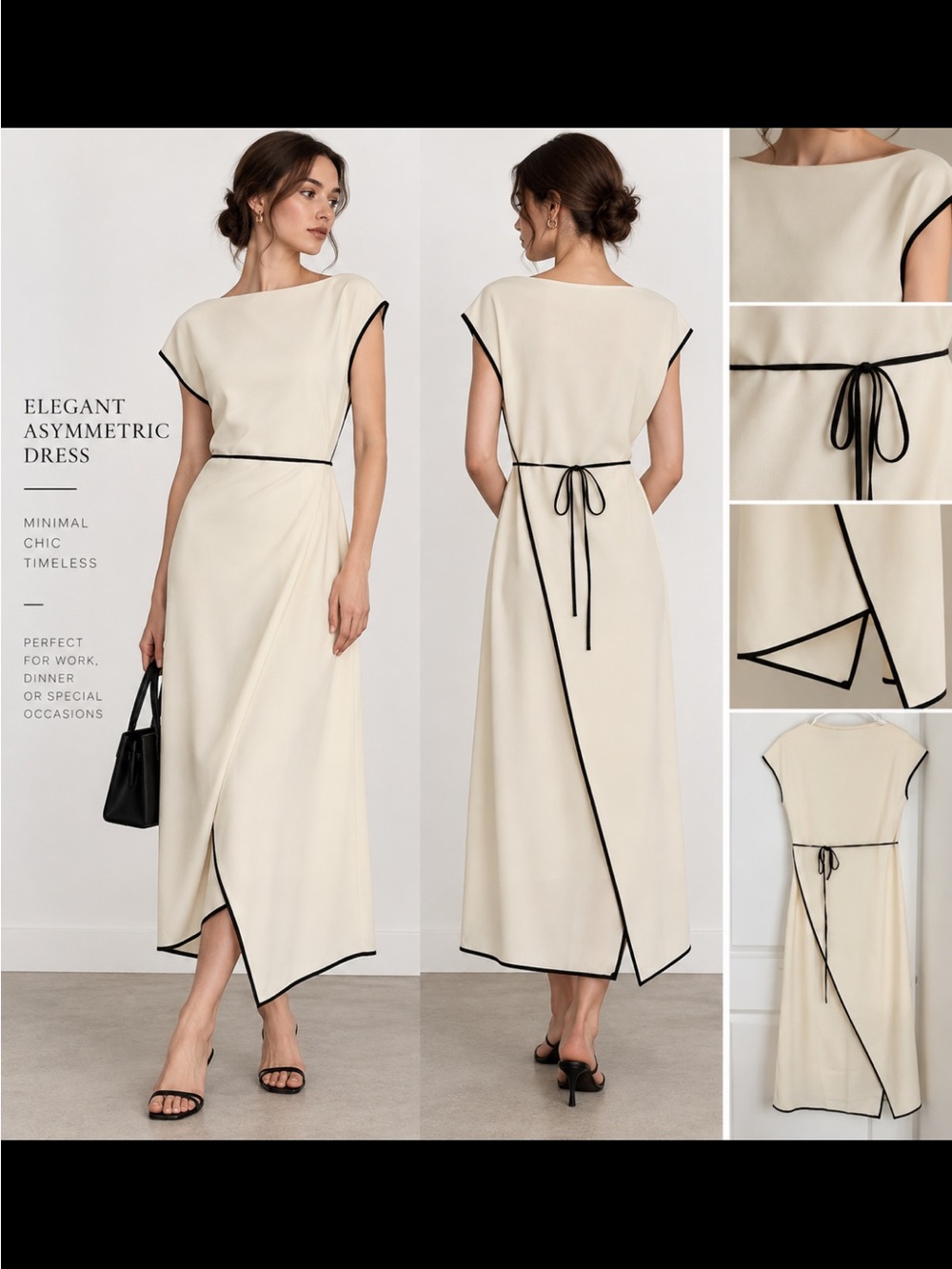 Cream Asymmetrical Dress with Black Trim US2